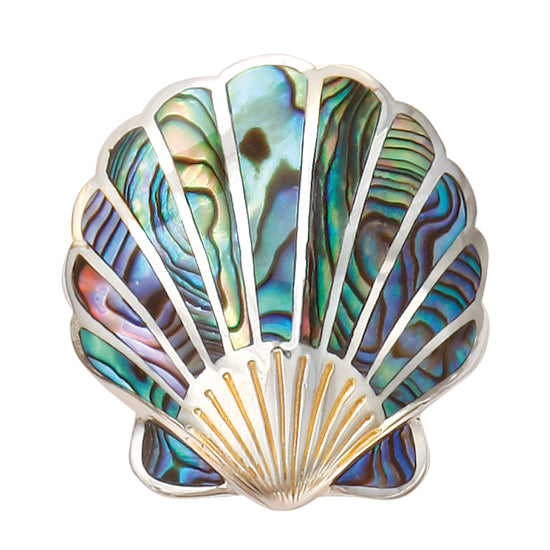 sterling Scallop Slide/Pendant with AbScallop Pendant / Slide with Abalone Inlay by Kovel.   Made from 925 Rhodium Silver with Delicate 18Kt Gold Accent Plating. Dimensions- 1-3/8&quot; long, 1-1/4&quot; wide.alone Inlay and 18Kt Plated Accents