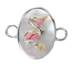Pelican on White Mother of Pearl Oval Bracelet Topper with Lab Created Pink Opal by Kovel.   Made from 925 Rhodium Silver with Delicate 18Kt Gold Accent Plating.  Dimensions: 1 1/8&quot; Width
