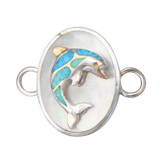 DolphinDolphin on White Mother of Pearl Oval Bracelet Topper with Lab Created Light Blue Opal by Kovel.   Made from 925 Rhodium Silver with Delicate 18Kt Gold Accent Plating.  Dimensions: 1 1/8" Width Bracelet Topper