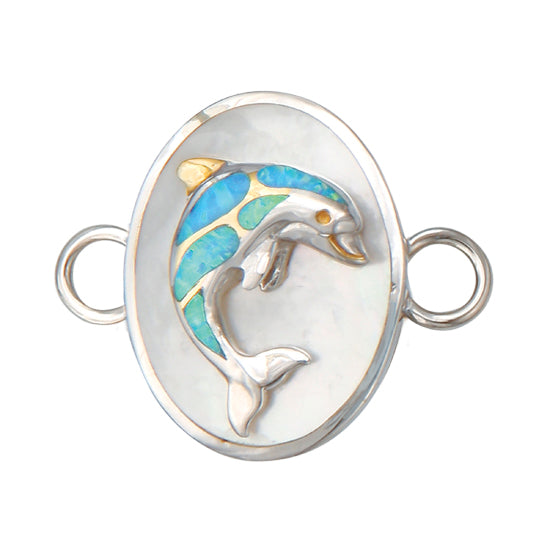 DolphinDolphin on White Mother of Pearl Oval Bracelet Topper with Lab Created Light Blue Opal by Kovel. Made from 925 Rhodium Silver with Delicate 18Kt Gold Accent Plating. Dimensions: 1 1/8" Width Bracelet Topper