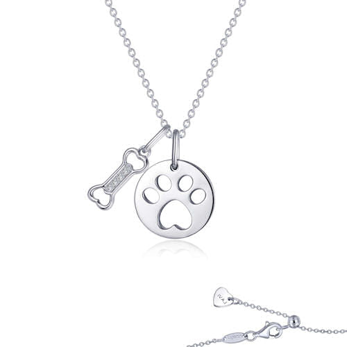 Sterling Paw Print Necklace - Sterling Silver Bonded with Platinum, Paw Print Necklace by Lafonn.  Dog Bone Charm Accented with .04TW Lafonn&#39;s Signature Lassaire Simulated Diamonds.   Adjustable 20&quot; Chain  Dimension: approximately 15 MM (W) X 20.4 MM (H)