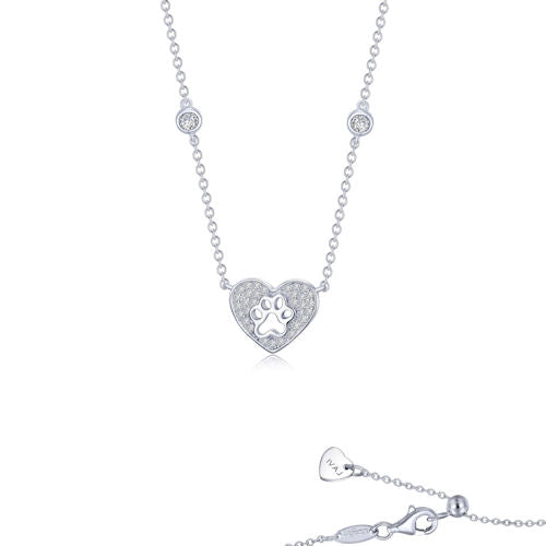 Sterling Paw Print Necklace -Sterling Silver Bonded with Platinum, Paw Print Heart Necklace by Lafonn, Accented with Lafonn&#39;s Signature Lassaire Simulated Diamonds. Adjustable 20&quot; Chain $230