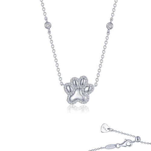 Sterling Paw Print Necklace - Sterling Silver Bonded with Platinum, Puffy Paw Print Heart Necklace by Lafonn, Accented with .10TW Lafonn&#39;s Signature Lassaire Simulated Diamonds. Adjustable 20&quot; Chain