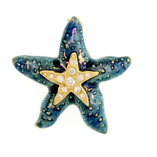 18Kt Yellow Gold Large Blue Glass Enamel Starfish Pendant with .20TW Diamonds, Enhancer Bail