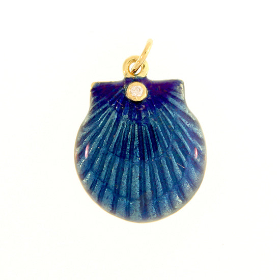 18Kt Yellow Gold Blue Glass Enamel Scallop Shell Charm with .02CT Diamond