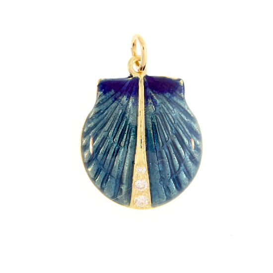 18Kt Yellow Gold Scallop Shell Charm with Faberge style Blue Glass Enamel and .06TW Diamonds