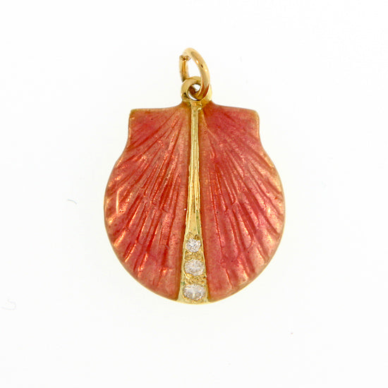 18Kt Yellow Gold Pink Glass Enamel Scallop Shell Charm with .06TW Diamonds
