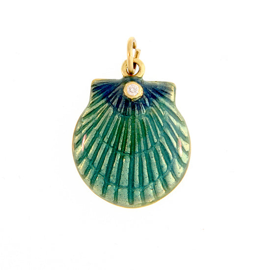 18Kt Yellow Gold Teal Glass Enamel Scallop Shell Charm with .02CT Diamond