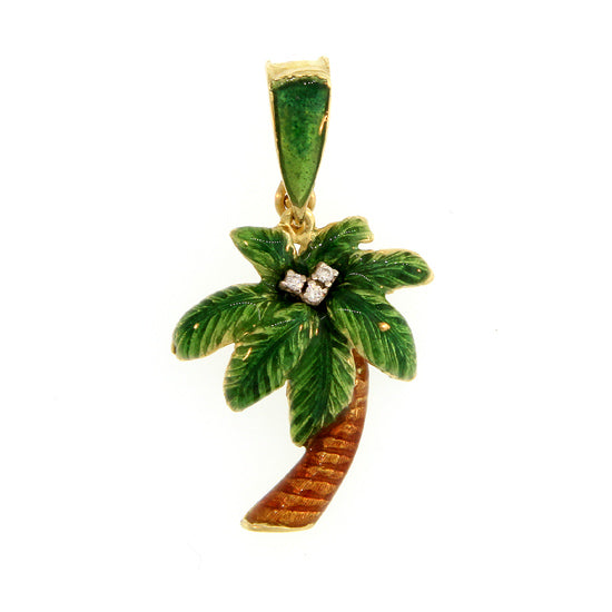 18Kt Yellow Gold and Glass Enamel Palm Tree Pendant with .03TW Diamonds
