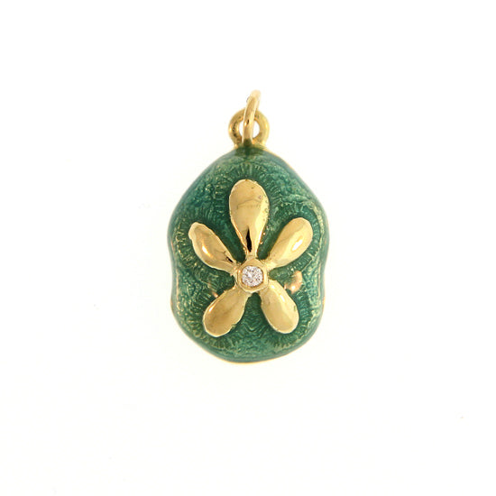 18Kt Yellow Gold and Teal Glass Enamel Sea Biscuit Charm with .02CT Diamond     Dimensions: 1/2" Drop, 1/8" Width