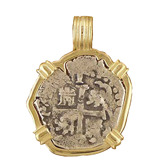 Spanish Cob Coin Pendant - 1 Reale. 14Kt Yellow Gold Frame.