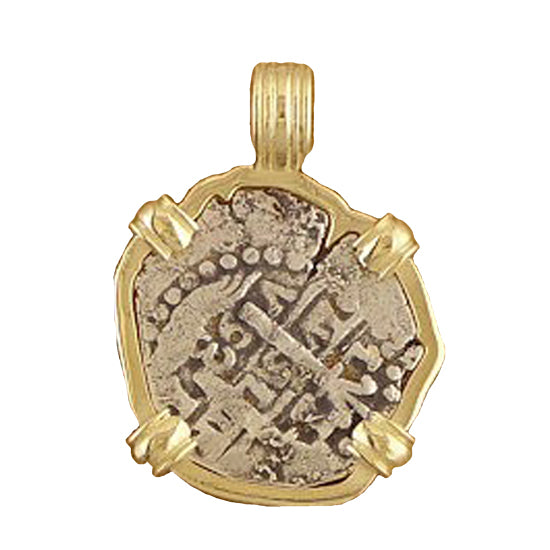 Spanish Cob Coin Pendant - 1 Reale. 14Kt Yellow Gold Frame.