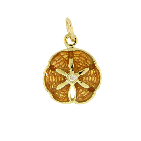18Kt Yellow Gold and Apricot Color Glass Enamel Sand Dollar Charm with .02CT Diamond