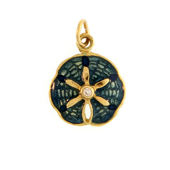 18Kt Yellow Gold and Blue Glass Enamel Sand Dollar Charm with .02CT Diamond