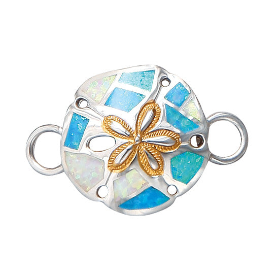 Sand Dollar Bracelet Topper with Lab Created Azure Blue and White Fire Opal by Kovel.   Made from 925 Rhodium Silver with Delicate 18Kt Gold Accent Plating.  Dimensions:  7/8&quot; High, 1 1/4&quot; Wide