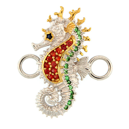 Seahorse Bracelet Topper with approximately .64TW Orange Sapphires and Tsavorites by Kovel.   Made from 925 Rhodium Silver with Delicate 18Kt Gold Accent Plating  Dimensions:  1 1/2&quot; High, 1 1/8&quot; Wide