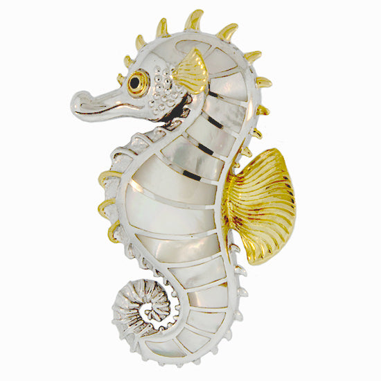 Large Seahorse Pendant / Slide with Mother-of-Pearl by Kovel.   Made from 925 Rhodium Silver with Delicate 18Kt Gold Accent Plating