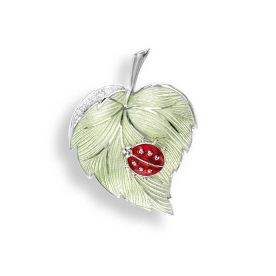 Sterling Silver Green Ladybug Leaf Pin - Pendant Set with White Sapphires. Rhodium Plated for easy care. By Nicole Barr Jewelry.  Size: 35 mm