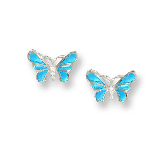 Vitreous Enamel on Sterling Silver Double Wing Butterfly Stud Earrings - Blue. Set with White Sapphires. Rhodium Plated for Easy Care. By Nicole 