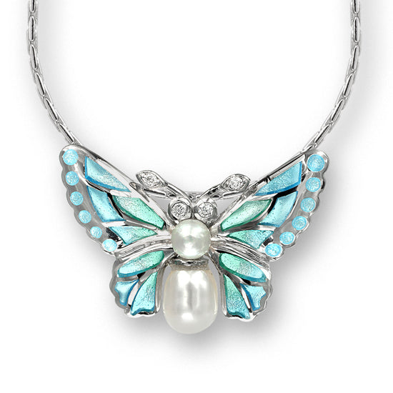 Plique-a-Jour Enamel on Sterling Silver Butterfly Necklace. Set with Diamonds and Freshwater Pearls. By Nicole Barr Jewelry.