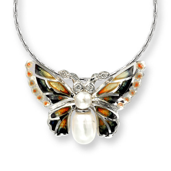 Plique-a-Jour Enamel on Sterling Silver Butterfly Necklace. Set with Diamonds and Freshwater Pearls. By Nicole Barr Jewelry.