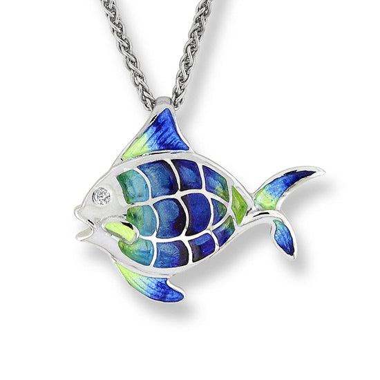 Plique-a-Jour Enamel on Sterling Silver Angel Fish Necklace - Blue. Set with .02TW of Diamonds. By Nicole Barr Jewelry.  Dimensions: 18 mm Width, On Adjustable 18" Chain