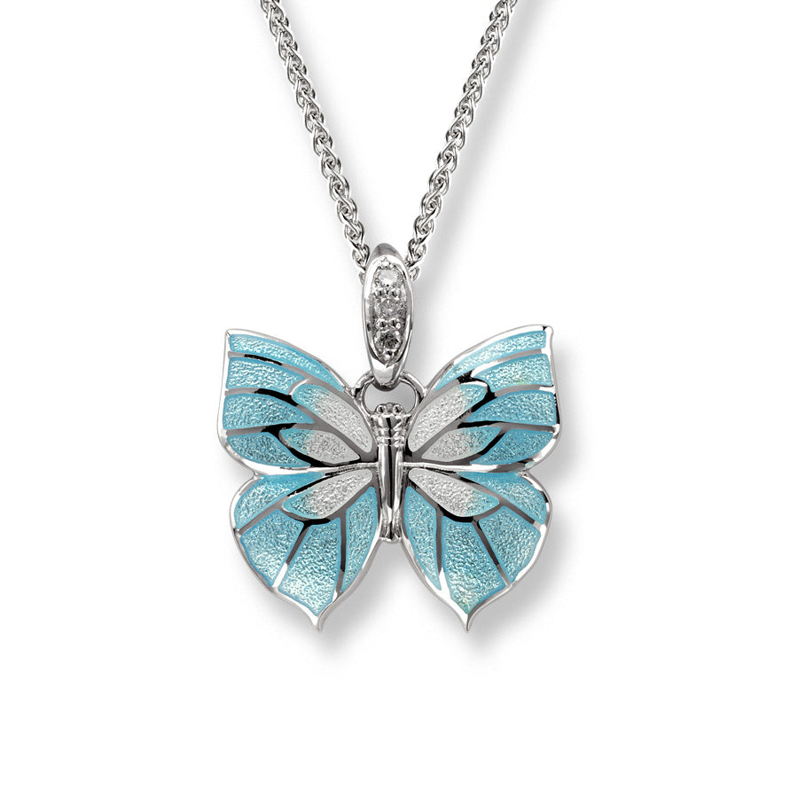 Vitreous Enamel on Sterling Silver Butterfly Necklace - Blue. Set with .046Ct of Diamonds. 18 inch adjustable chain. Rhodium plated for easy care. By Nicole Barr.