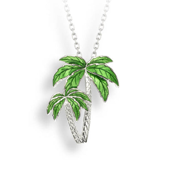 Sterling Silver Double Palm Tree Necklace with Hidden Bail. Rhodium Plated for easy care. By Nicole Barr Jewelry.  Dimensions: 1&quot; Drop, 3/4&quot; Width