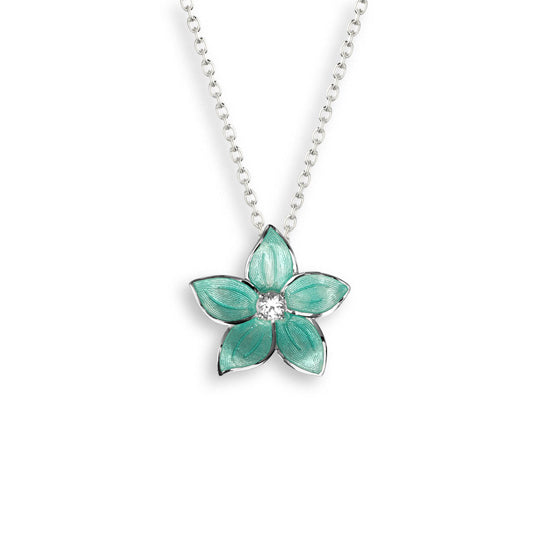 Vitreous Enamel on Sterling Silver Stephanotis Necklace - Turquoise. Set with White Topaz. By Nicole Barr Jewelry.  Dimensions: 18 mm Width, 18&quot; Chain
