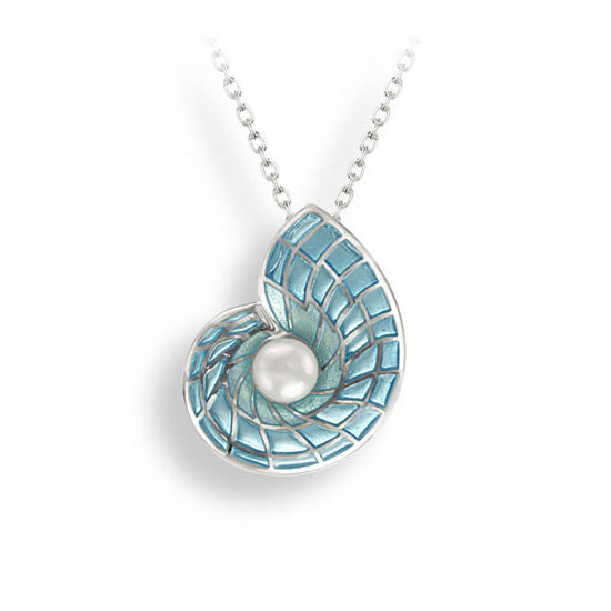 Blue Nautilus Necklace, Sterling and Enamel