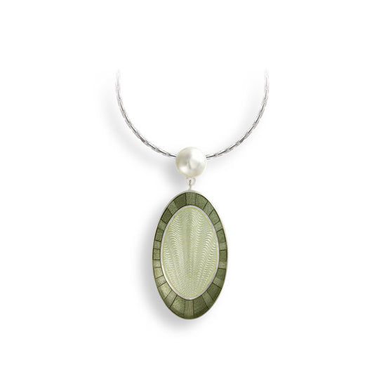 Vitreous Enamel on Sterling Silver Oval Shaped Necklace Set with a Pearl - Green. Adjustable 18 inch chain. By Nicole Barr.
