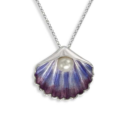 Purple Scallop Shell Necklace in Sterling Silver with Vitreous Enamel - set with a Freshwater Pearl by Nicole Barr Jewelry.  Adjustable 18 inch Chain included.