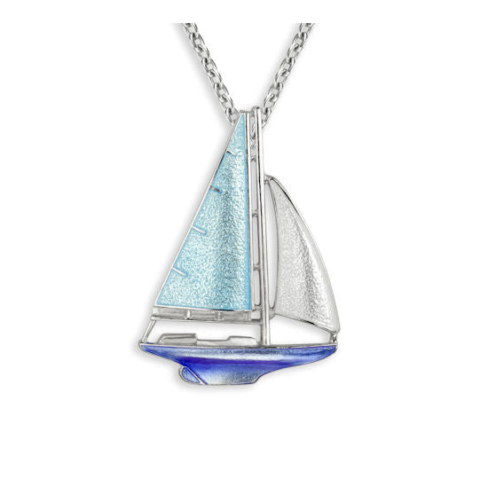 Blue Sailboat Necklace in Sterling Silver with Vitreous Enamel by Nicole Barr Jewelry. Rhodium Plated for easy care. Size: 25 mm - Adjustable 18-inch chain included.