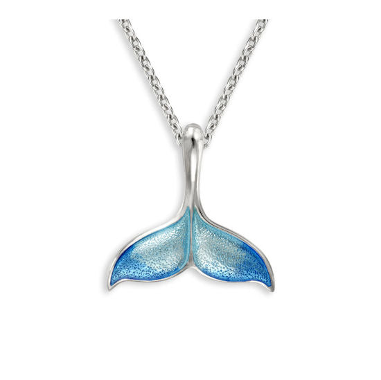Blue Whale Tail Necklace in Sterling Silver with Vitreous Enamel by Nicole Barr Jewelry. Rhodium Plated for easy care. Size: 20 mm - Adjustable 18-inch chain included.