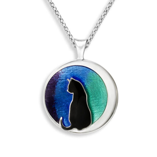 Cat Shadow in Blue Circle Necklace in Sterling Silver with Vitreous Enamel by Nicole Barr Jewelry. Polished finish on back. Adjustable 20 inch rolo chain. Rhodium Plated for easy care. Size: 20 mm
