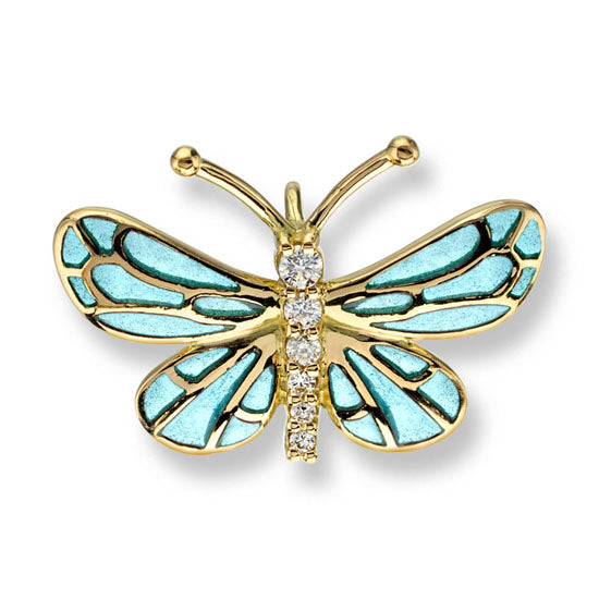 18Kt Yellow Gold Plique-a-Jour Small Blue Butterfly Pendant with .08TW Diamonds.