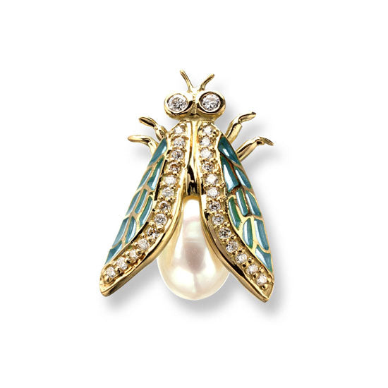 18Kt Yellow Gold and Plique-a-Jour Blue Cicada Pendant with .16TW of Diamonds and Freshwater Pearl.