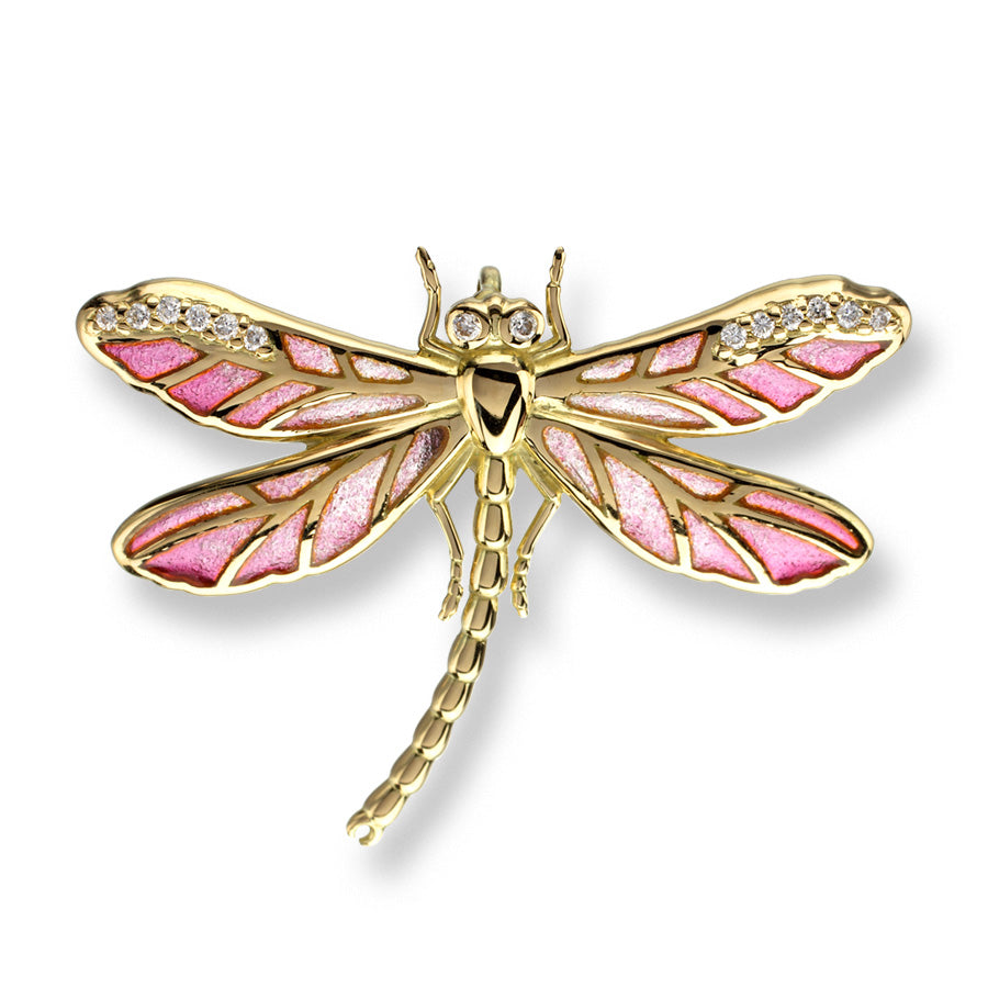 Plique-a-Jour on 18 Karat Gold Small Dragonfly Pendant -Pink. Set with .072Ct of Diamonds. By Nicole Barr