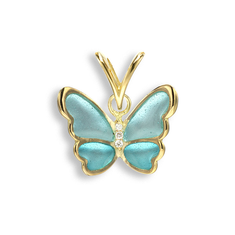 18Kt Yellow Gold with Vitreous Enamel Turquoise Butterfly Pendant with Diamonds. By Nicole Barr.  Dimensions: 15 mm