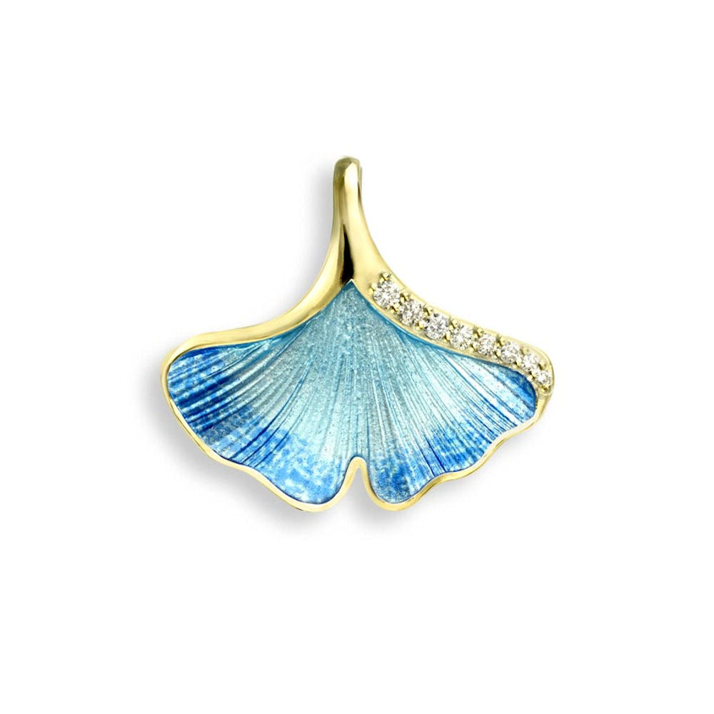 Blue Ginkgo 1-Leaf Pendant in 18KT Gold with Vitreous Enamel and .053TW Diamonds by Nicole Barr Jewelry. 18mm.
