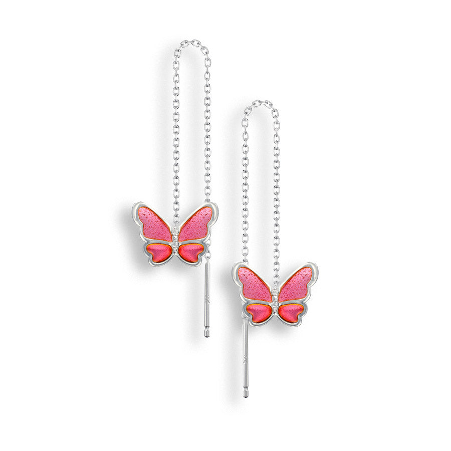 Vitreous Enamel on Sterling Silver Butterfly Chain Threader Earrings - Pink. Set with White Sapphires. Rhodium plated for easy care. By Nicole Barr Jewelry.