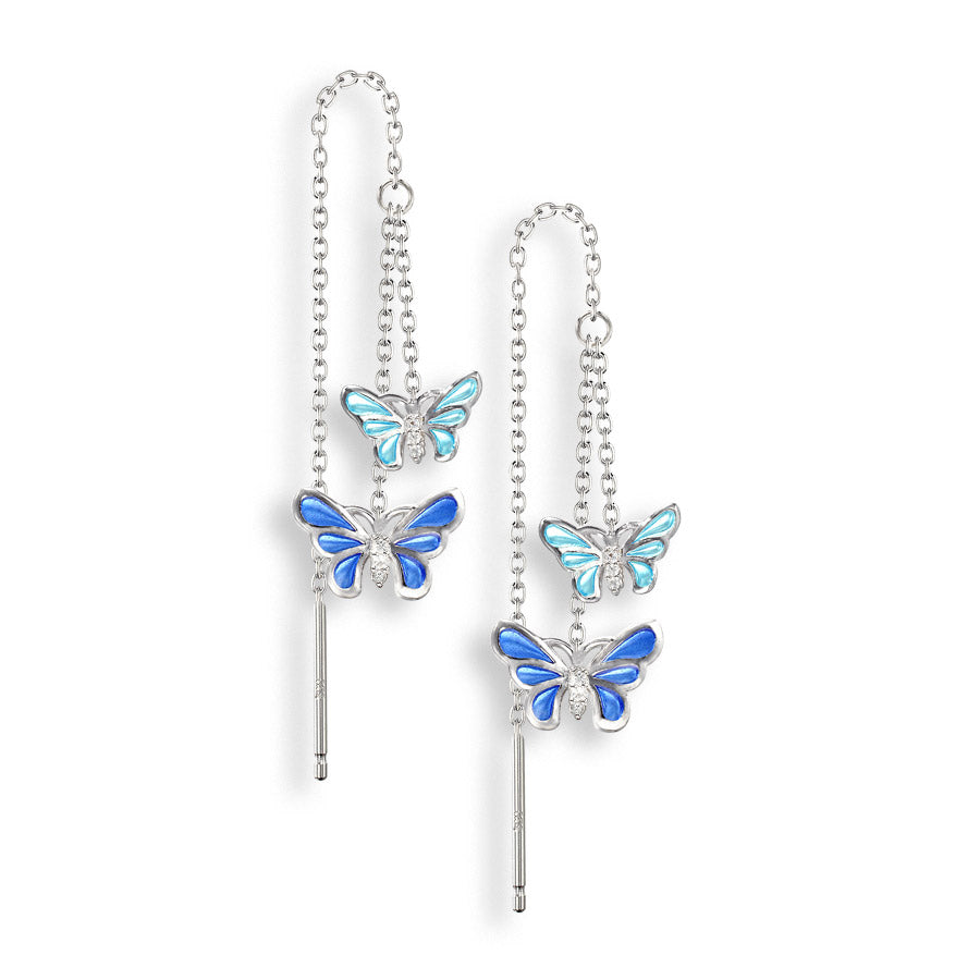 Vitreous Plique-a-Jour Enamel on Sterling Silver Double Butterfly Chain Threader Earrings - Blue. Set with White Sapphires. Rhodium plated for easy care. By Nicole Barr Jewelry.