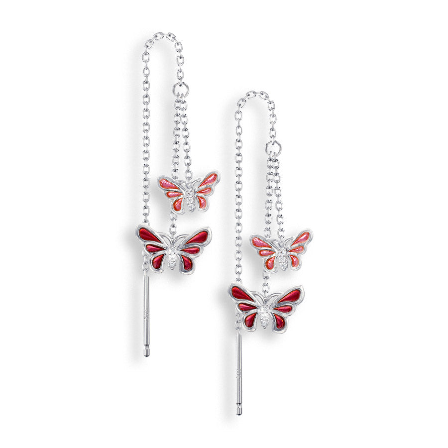 Vitreous Plique-a-Jour Enamel on Sterling Silver Double Butterfly Chain Threader Earrings - Pink. Set with White Sapphires. Rhodium plated for easy care. By Nicole Barr Jewelry.