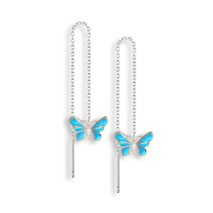 Vitreous Enamel on Sterling Silver 3D Butterfly Chain Threader Earrings - Blue. Set with White Sapphires. Rhodium plated for easy care. By Nicole Barr Jewelr