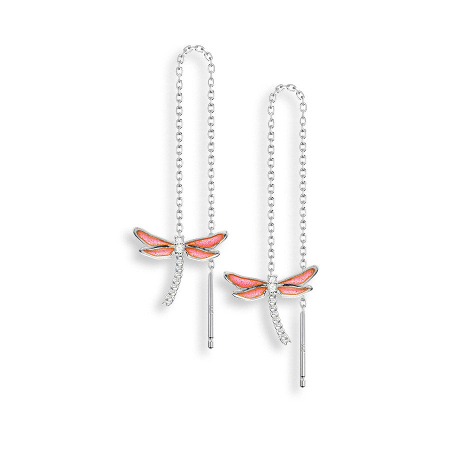 Vitreous Plique-a-Jour Enamel on Sterling Silver Dragonfly Chain Threader Earrings - Pink. Set with White Sapphires. Rhodium plated for easy care. By Nicole Barr Jewelry.
