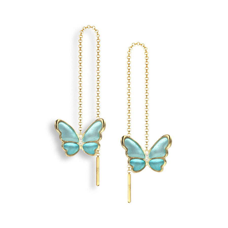 Vitreous Plique-a-Jour Enamel on 18 Karat Gold Butterfly Chain Threader Earrings -Turquoise. Set with .03Ct of Diamonds. By Nicole Barr Jewelry.