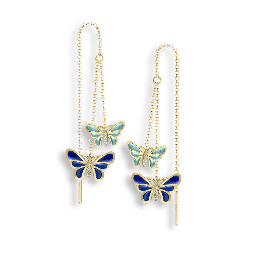 Vitreous Plique-a-Jour Enamel on 18 Karat Gold Double Butterfly Chain Threader Earrings - Blue. Set with .045Ct of Diamonds. By Nicole Barr Jewelry.