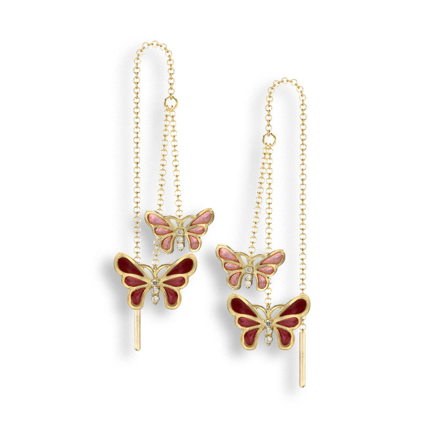 Vitreous Plique-a-Jour Enamel on 18 Karat Gold Double Butterfly Chain Threader Earrings - Pink. Set with .045Ct of Diamonds. By Nicole Barr Jewelry.
