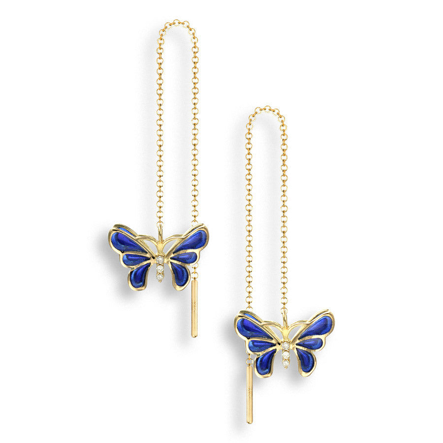 Vitreous Plique-a-Jour Enamel on 18 Karat Gold 3D Butterfly Chain Threader Earrings - Blue. Set with .048Ct of Diamonds. By Nicole Barr Jewelry