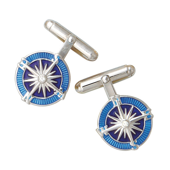 Blue Vitreous Enamel on Sterling Silver Compass Rose Cuff links. Rhodium Plated for easy care.  Dimensions: 17mm
